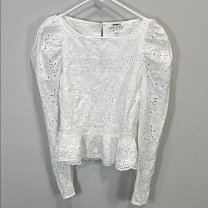 Express White Lace‎ eyelet Women's Top puff long sleeve peplum